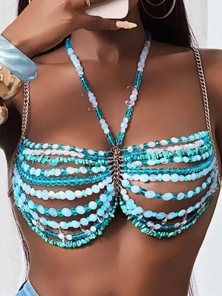 Hot Sexy Women Handmade Turquoise Lavender Multi Stone Bead Body Chain Bikini Bra Hlater Romantic Tank Top Beachwear Lingeie