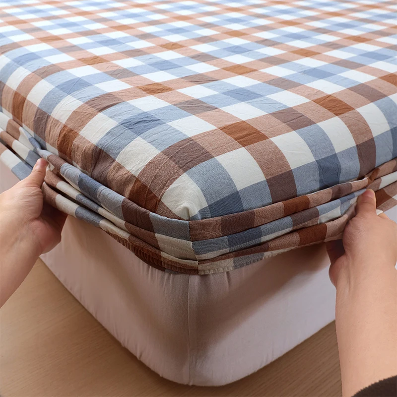 2025 New All-cotton Yarn-dyed Single Bed Hat Printed Checked Washed Mattress Cover Wrap Bed Cover 360 Degrees with Elastic 5