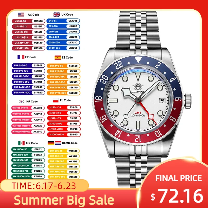 ADDIESDIVE AD2044 Men's Luxury Watch GMT Stainless Steel Quartz Watch 20ATM Dive Bubble Mirror Glass Luminous Relogio Masculino
