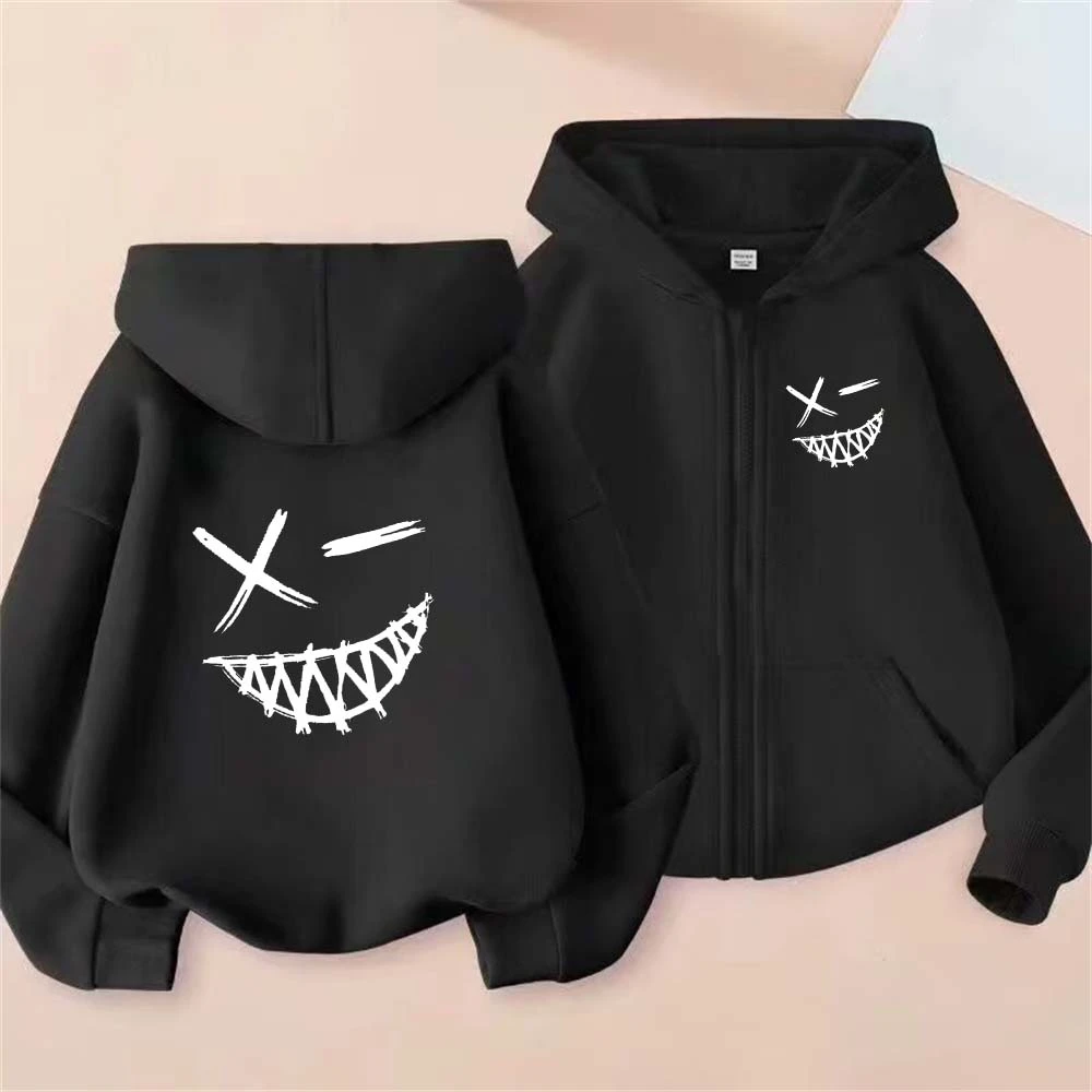 Evil Smile Face Print Kinder Frühling Herbst Reißverschluss Kapuzenpullover 2-13 Jahre Jungen Mädchen Casual Outfits Kinder Top Kleidung – Detail 2