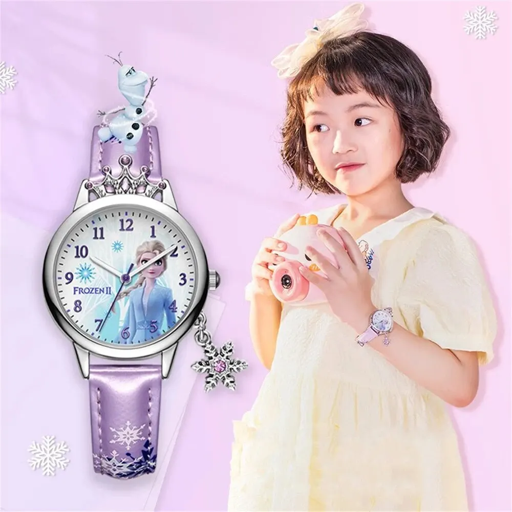 Disney Watch Frozen Elsa Quartz Watches Cute Girl Waterproof Electronic Pointer Watch With Pendant Anime Student Gift