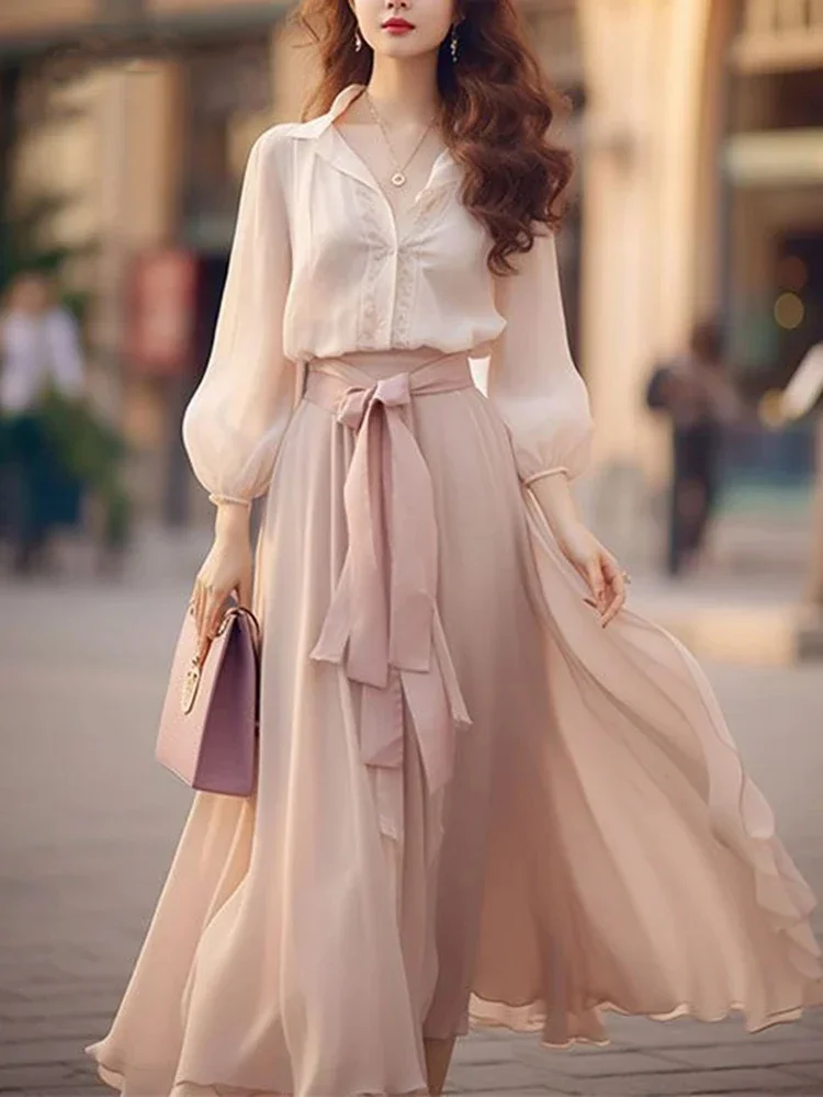 

Elegant Retro French Women's Fashion Lace Up Long Sleeved Dress New Spring Sweet Beach Party Pink Women Two Piece Chiffon Dress
