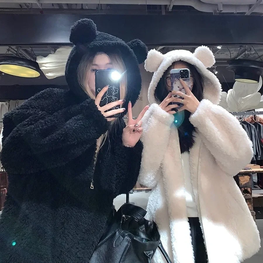 여성 블랙 베어 이어 후드 숏 재킷, 집업 기모 상의, 고급스러운 느낌의 루즈핏 가디건, 겨울