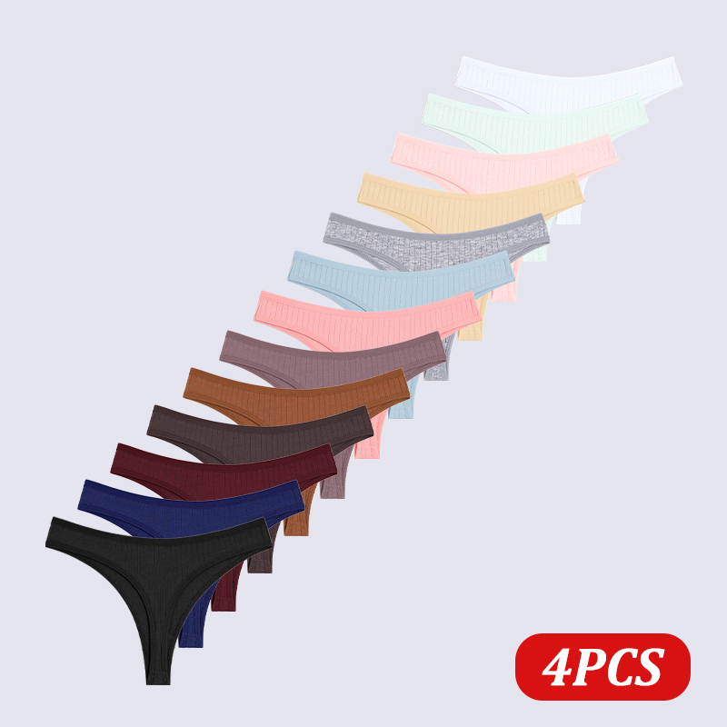 4Pcs/Set Women's Panties Cotton Thongs Sexy Low Rise Solid Color High Quality Underwear Girl Intimates Comfortable Soft G-String
