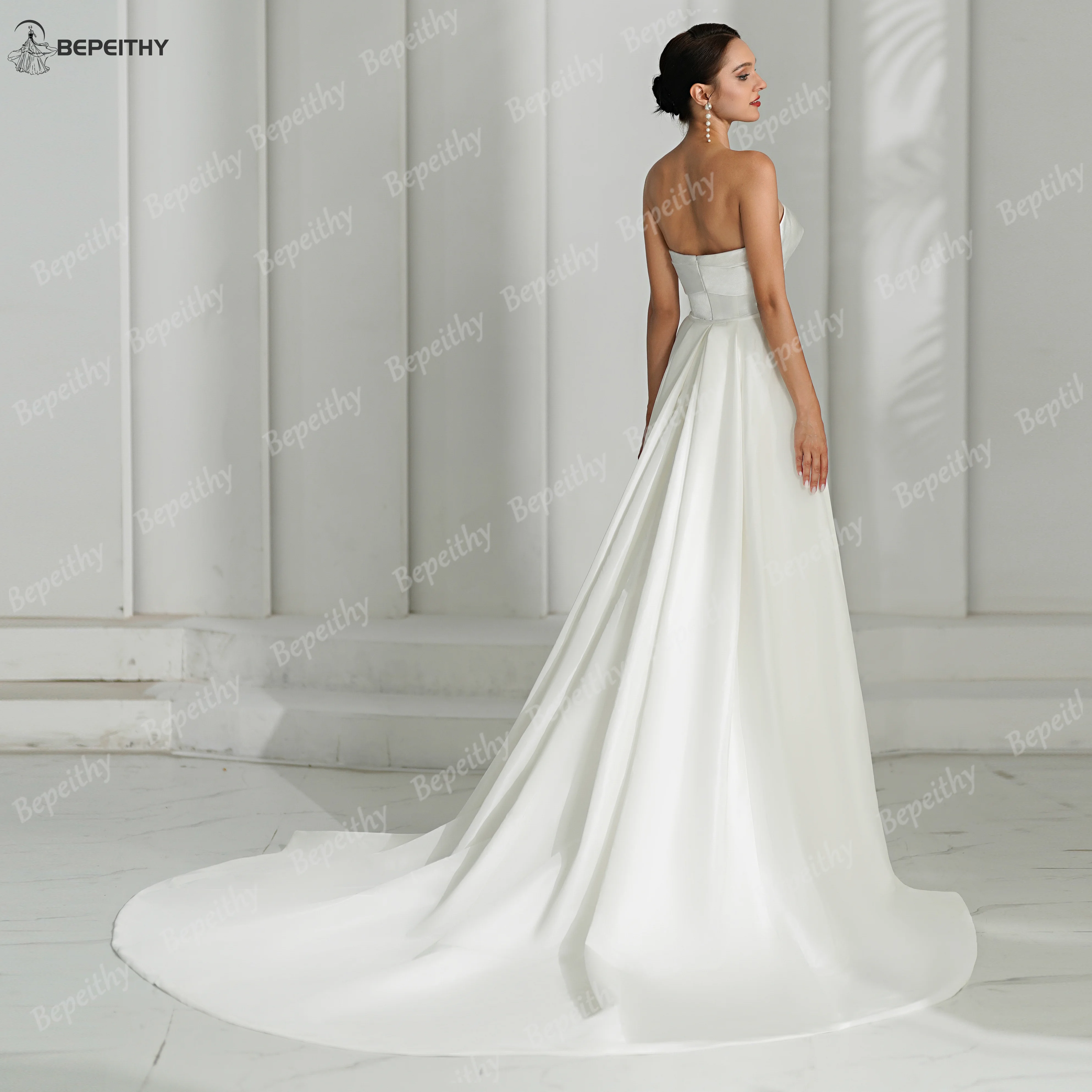 BEPEITHY Customized Mermaid Ivory Satin Wedding Dresses For Women 2026 Classic Strapless Plus Size Bridal Gown With Train