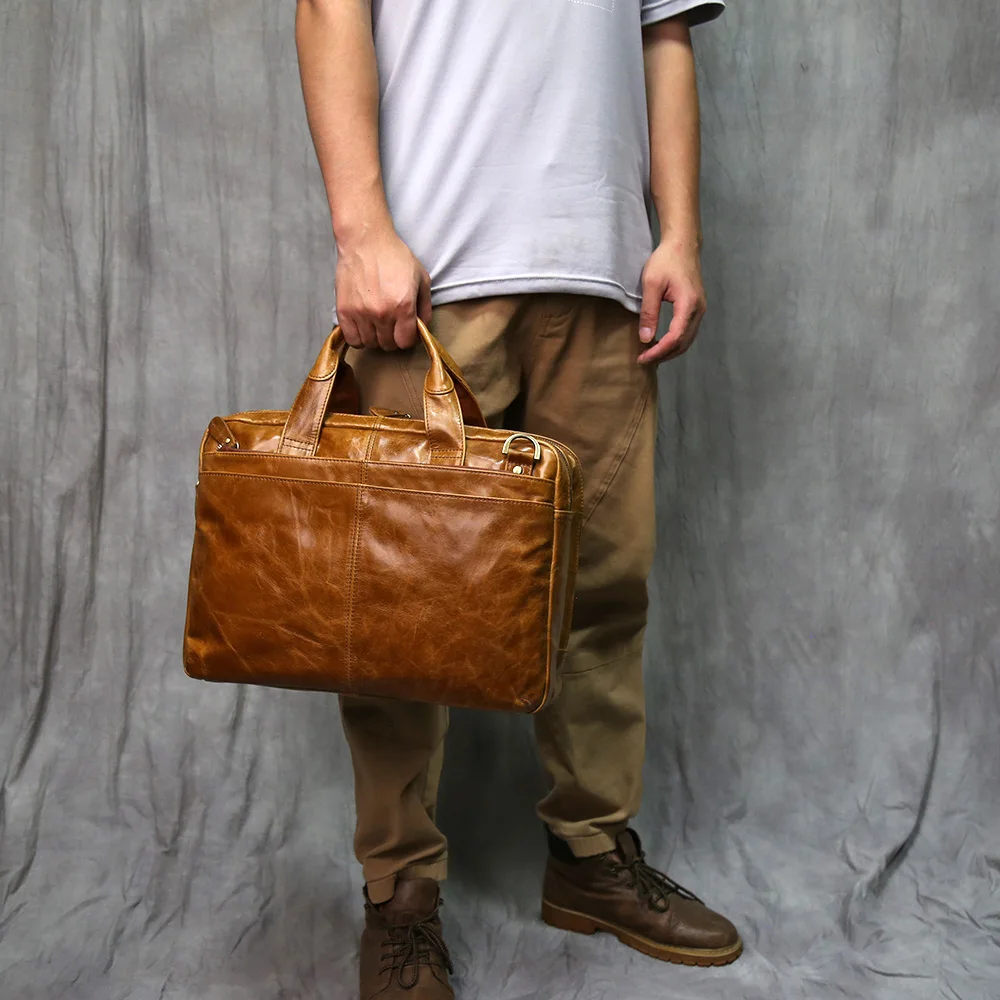 NZPJ Men's Retro Genuine Leather Briefcase Top Layer Cowhide Handbag  Large Capacity Crossbody  Bag  For 15-Inch Laptop