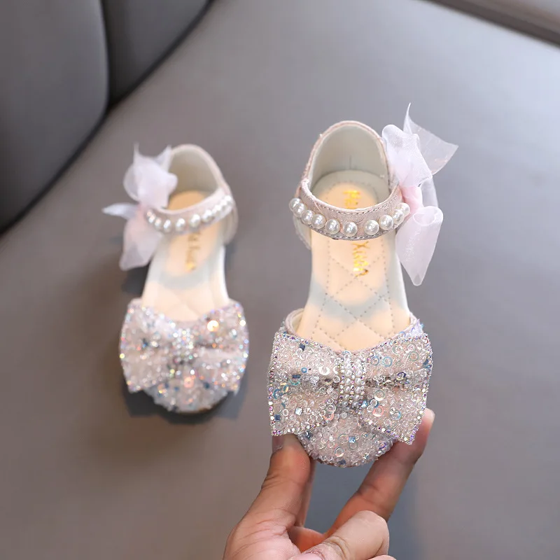 AINYFU Summer Girls Sequin Bow Fashion Sandals Children's Glitter Pearl Flat Princess Shoes Cute Kids Breathable Beach Sandals