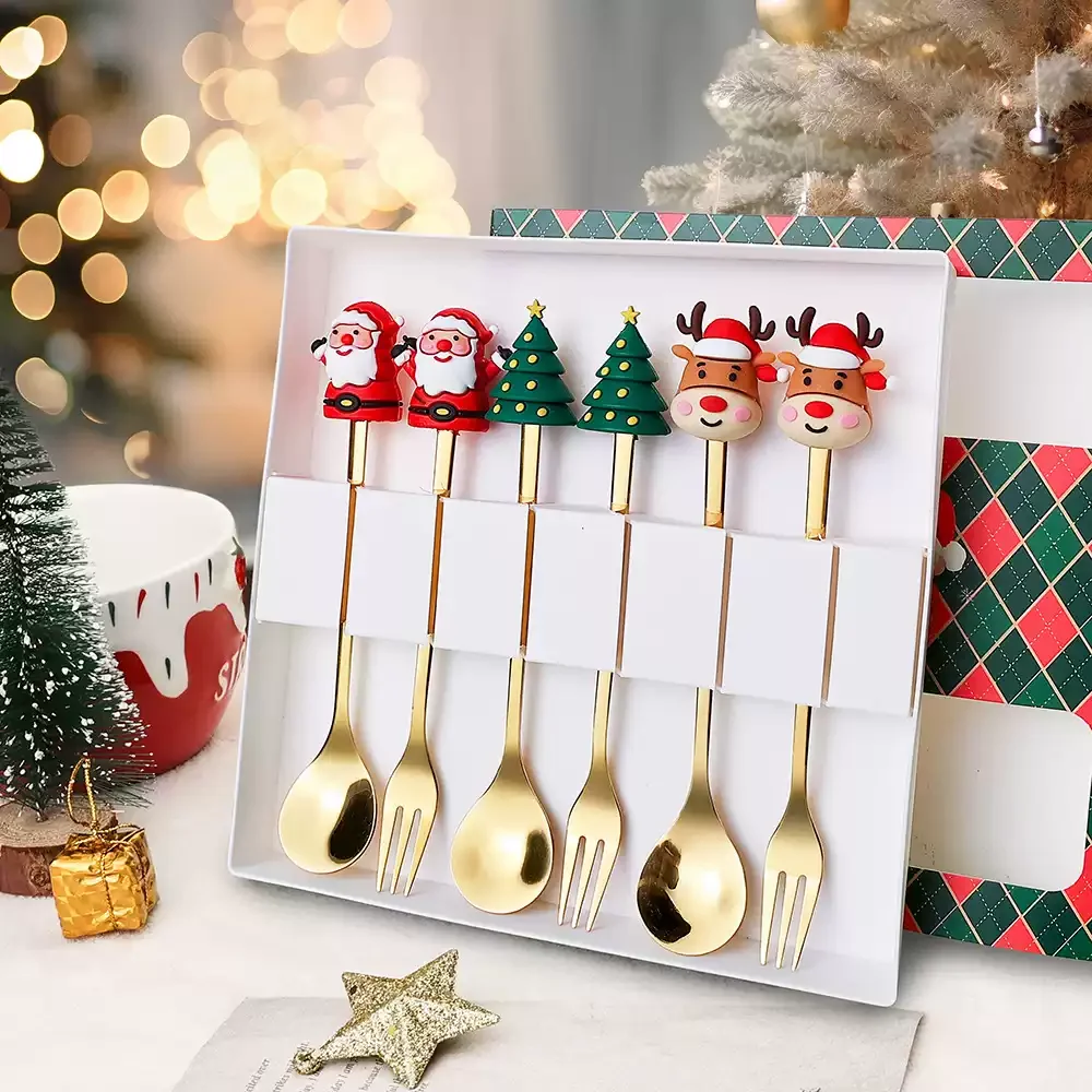 2/4/6Pcs Christmas Fork And Spoon Set Stainless Steel Creative Tableware Coffee Tea Dessert Forks And Spoons Gift Set Cutlery set