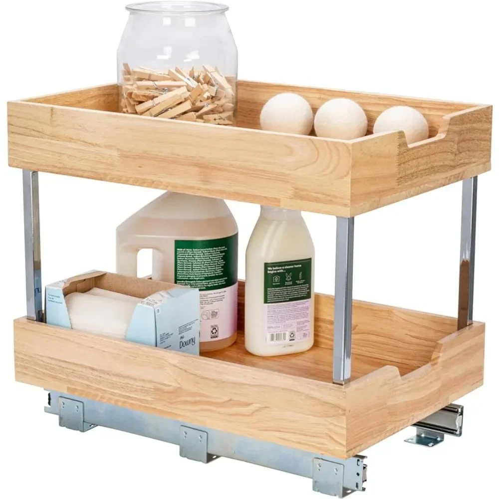 2 Tier Pull Out Cabinet Organizer Solid Wood Basket storage
