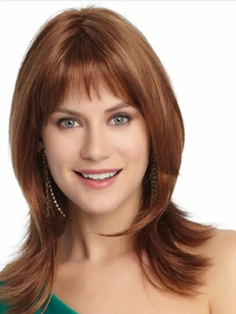 straight mixed brown bob synthetic wig with bangs medium long cosplay layered wigs for woman hair daily wig heat resistant New Wig Star Same Brown Medium Long Hair Slanting Bangs Chemical Fiber Cosplay Headband