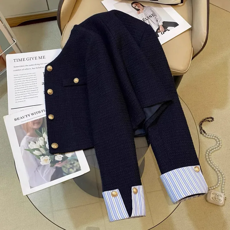 Navy Blue Short Jacket Striped Patchwork