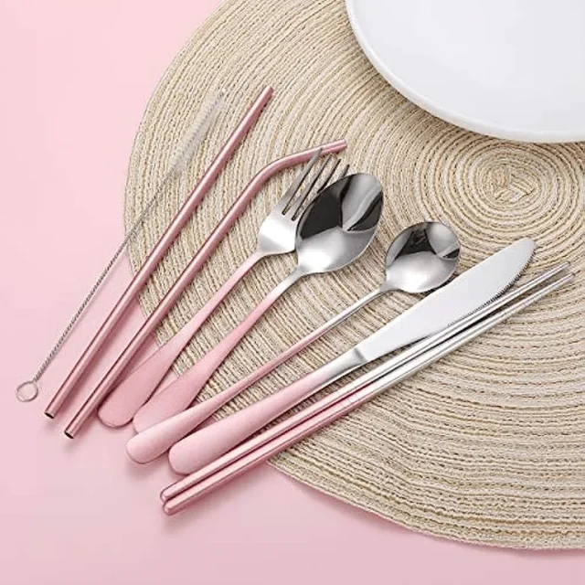 Set di utensili da viaggio – Posate portatili riutilizzabili con custodia per il trasporto per pranzo, campeggio, scuola e picnic 4