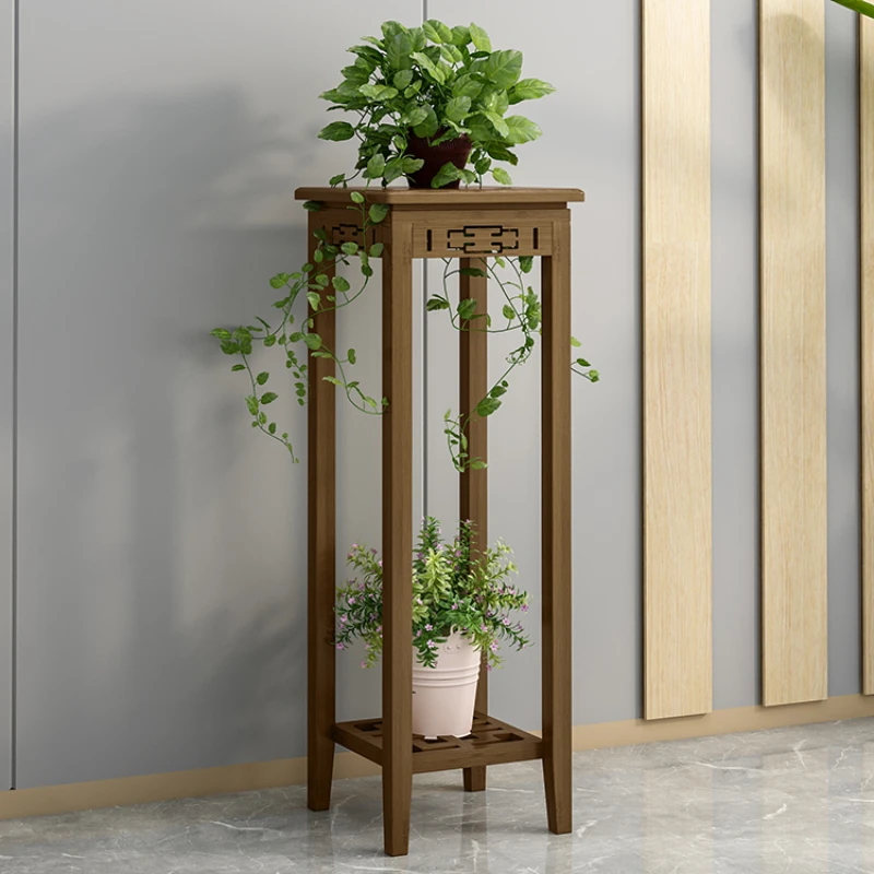 

Vintage Floor Standing Shelf Living Room Balcony Plant Stand Full Bamboo Frame Wider Surface 3D Carved Strong Load Bearing