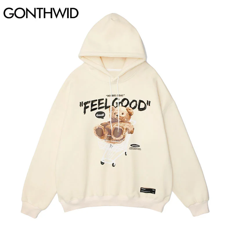 

Men Hip Hop Hoodie Sweatshirt Streetwear Funny Bear Print Hooded Harajuku Winter Cotton Fleece Pullover Khaki Black