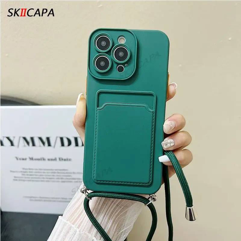 Crossbody Necklace Chain Matte Silicone Phone Case with Card Slot Wallet and Lanyard
