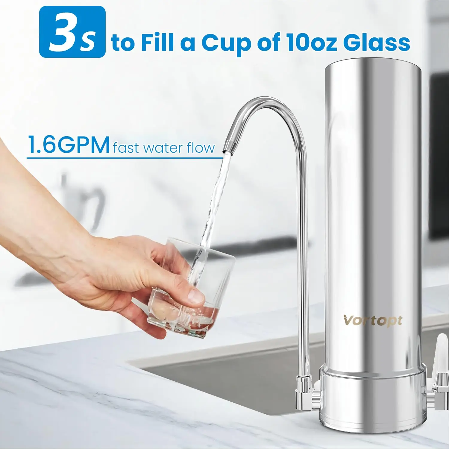 Vortopt Countertop Water Filter System Rapid Flow 12 Months or 8000 Gallons Long-Life 5-Stage Filtration Reduces Chlorine