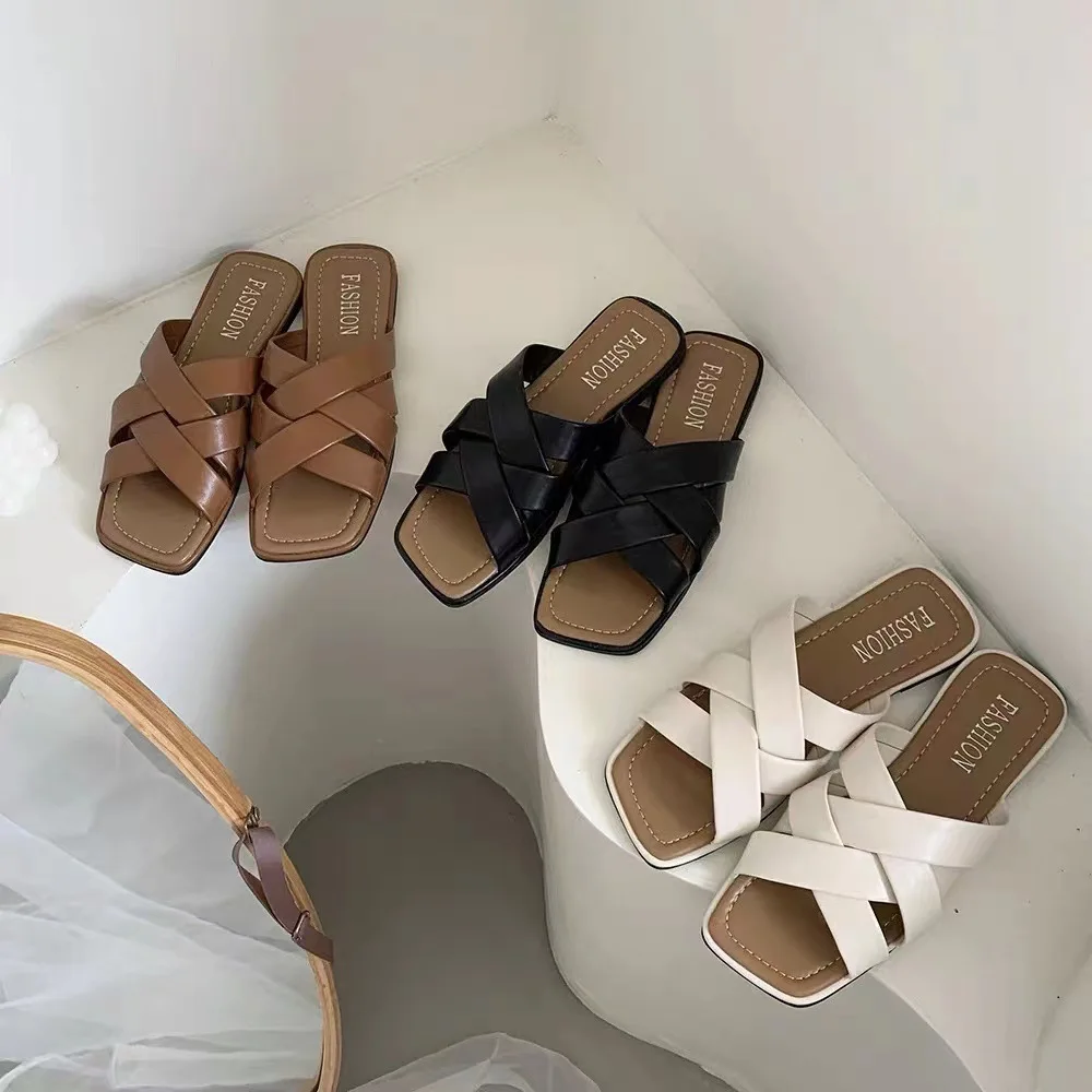 

Mr Co Summer Women Sandals PU Leather Cross Strap Rome Style Tourist Flat Bottom Beach Slippers Outwear Fashion Women's Shoes