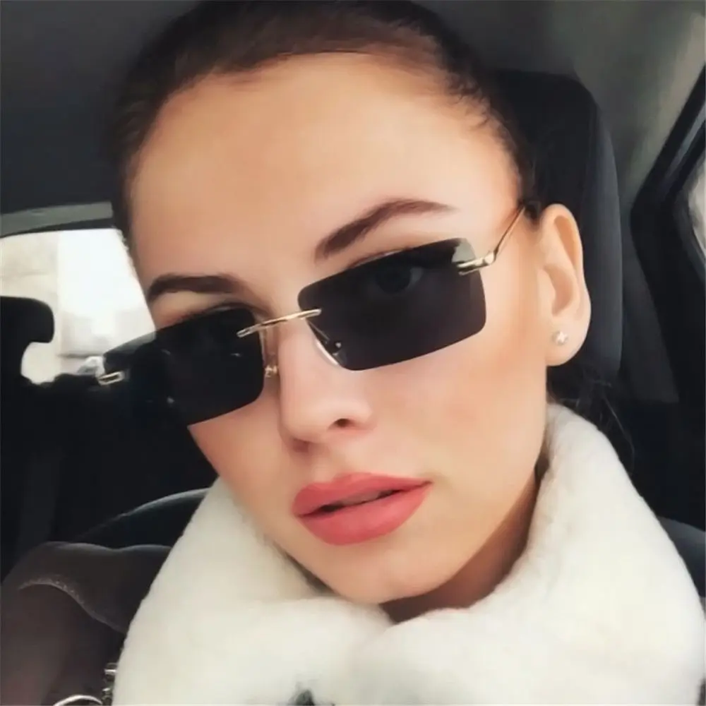 Unisex Small UV400 Eyeglasses Sun Glasses Rectangle Rimless Women Vintage Sunglasses Gradient Glasses