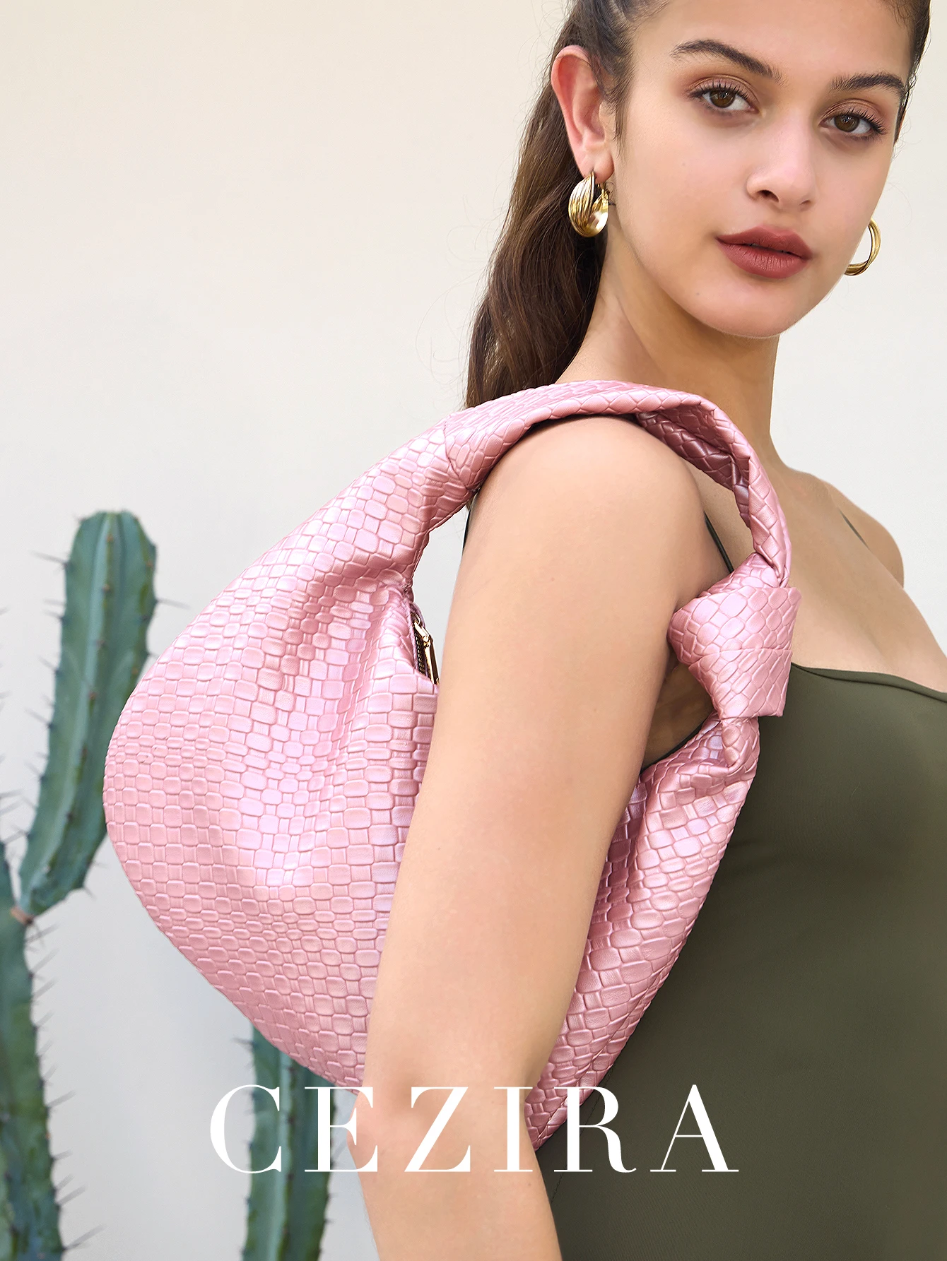 CEZIRA Women Classic Fashion Woven Embossed Hobo Soft PU Vegan Leather Knotted Strap Small Top-handle Shoulder Bag_voghion.com