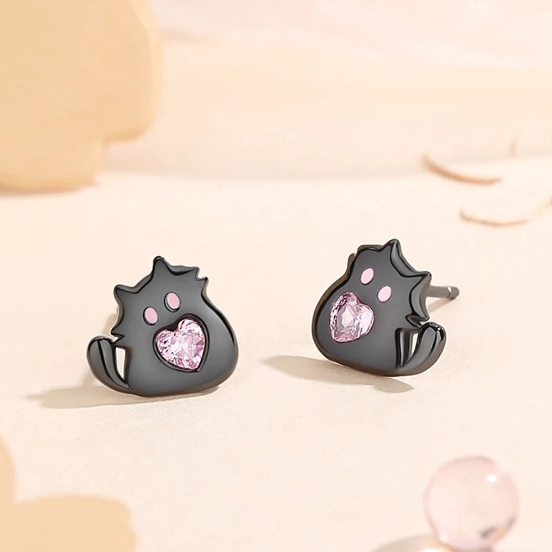 European Sparkling S925 Sterling silver Pink AAA CZ Black Cat Jewelry Set Necklace Earrings Bracelet for Women Birthday Gift jewelry set silver jewelry silver jewelry set