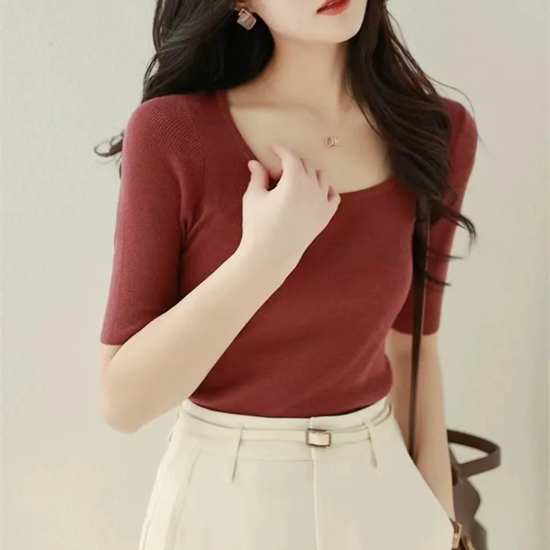 

Women's T-shirt Summer New Round Neck Knitted Sweater Short Sleeve Casual Solid Ladies Clothes Slim Tops Worsted Wool Blouse