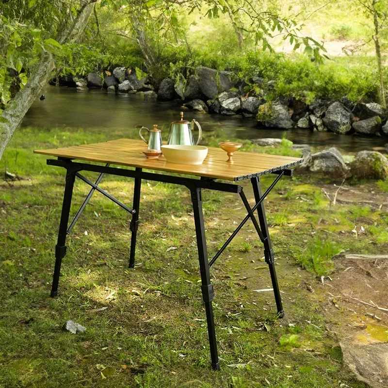 Camping Wood Grain Aluminum Folding Table Large Adjustable