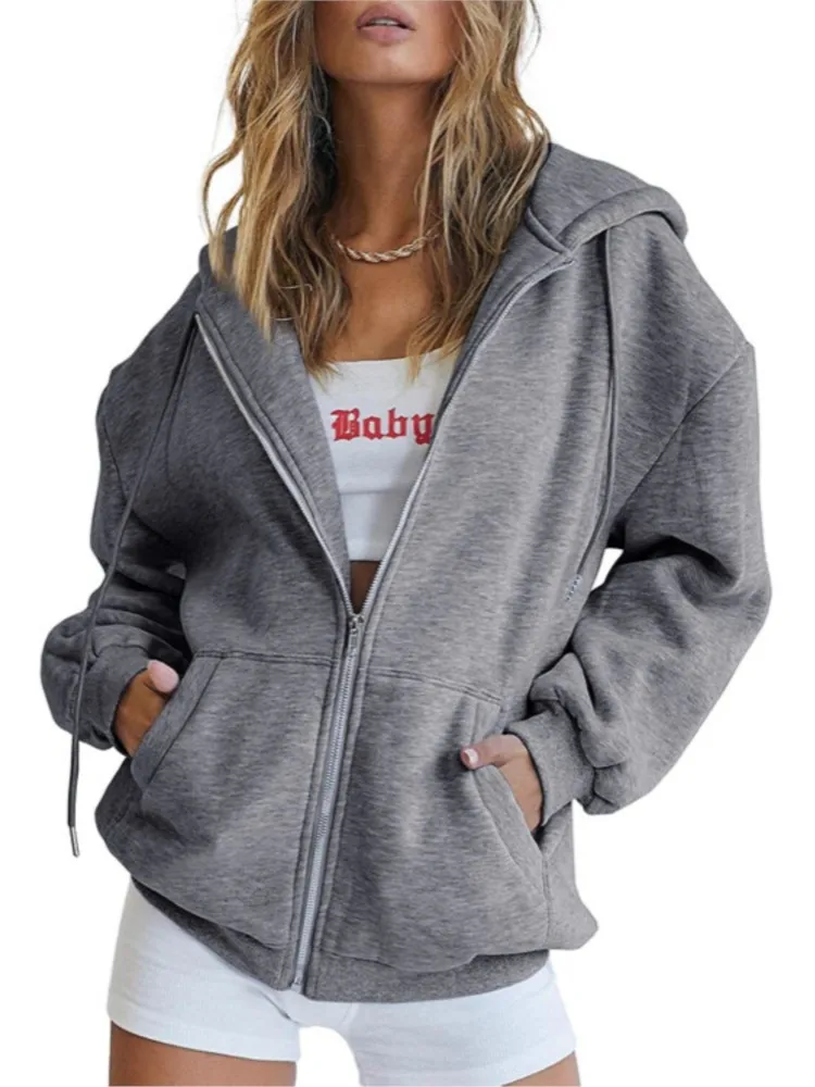 Fashion Gray Zip Up Sweatshirt Women Autumn Winter Jacket Clothes Hoodies Daily Pockets Long Sleeve Solid Versatile Lady Hoodies 6
