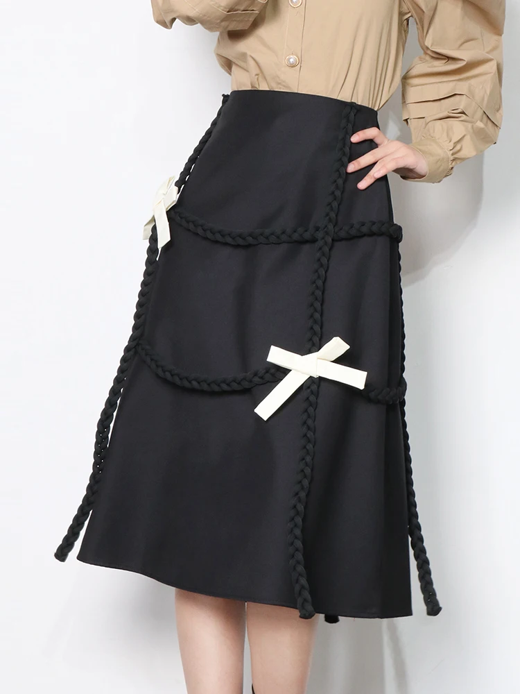 black leather skirt Black Color Bow Knitted Women Skirt  Kawaii High Waist Patchwork Bowknot Colorblock Midi Skirts Female Clothing silk skirt