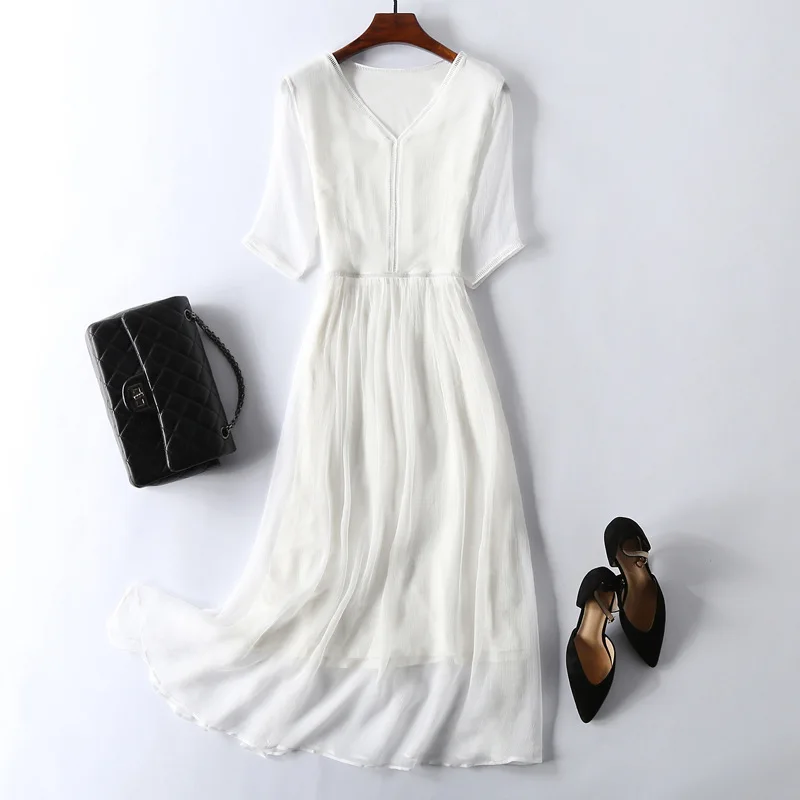 

White Dress Summer Dress Women Clothing Office Lady Holiday Dresses Beach Dress Elegant Real Silk Dress for Women Vestidos Zm625