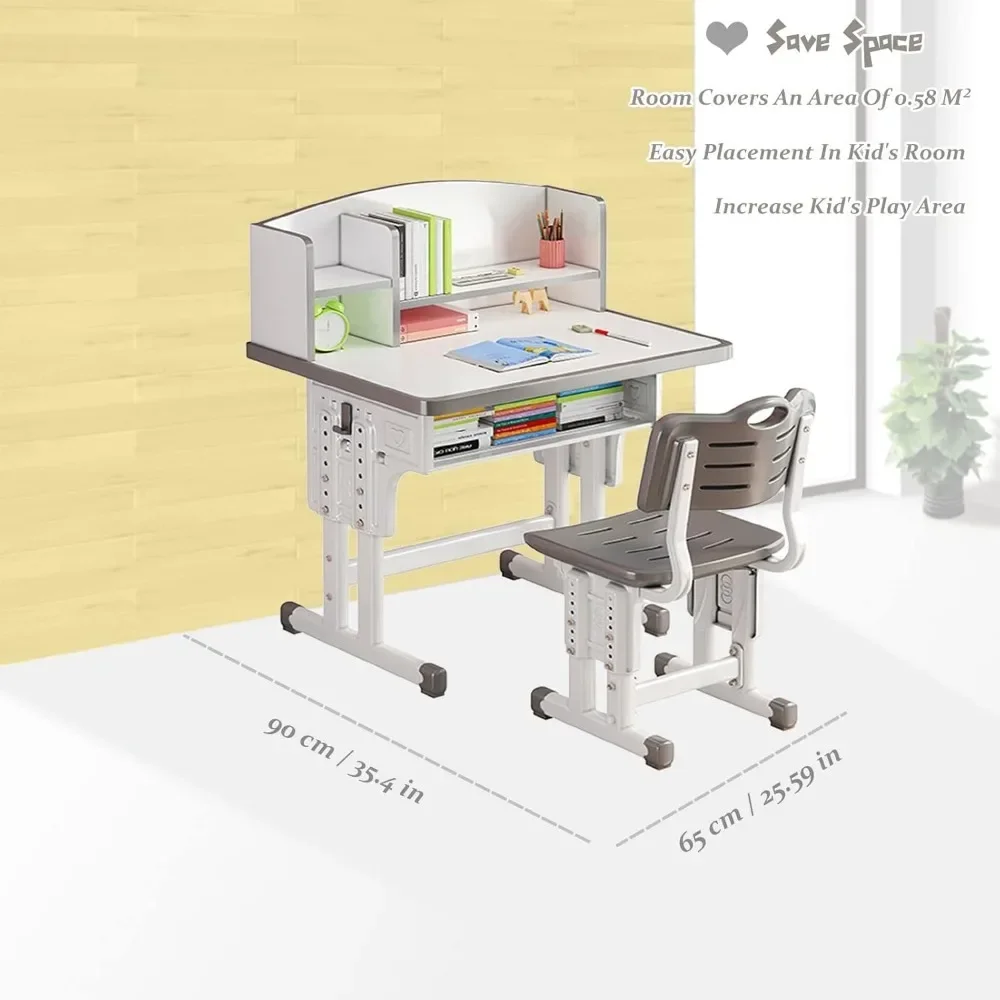 Kids' Study Desk Chair Sets, Adjustable Height, Ergonomic Design, with Large Storage Drawer and Bookshelf, Grey, for Bedroom
