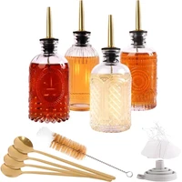 Coffee Syrup Dispenser, Glass Syrup Dispenser Simple Syrup Bottles 4 Pack 7oz with Metal Pour Spouts, Stopper Corks, Tea Spoons 1