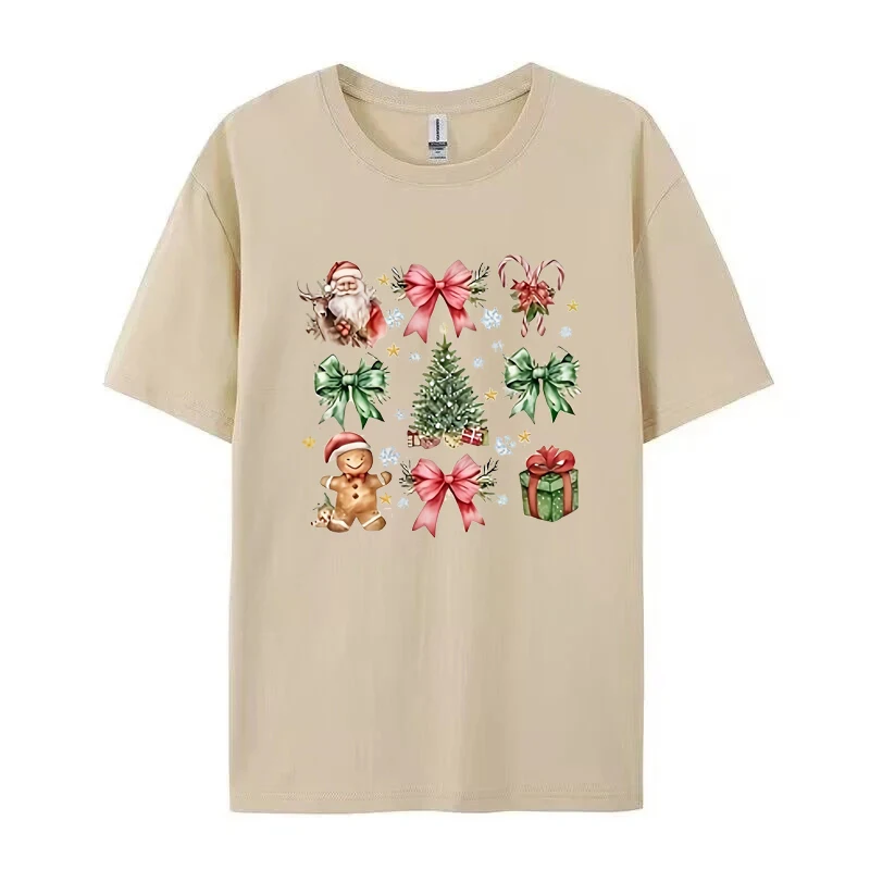 Frohe Weihnachten Grafik-T-Shirts Tops Schleifendruck Rundhals-T-Shirt Lässiges Kurzarm-T-Shirt Baumwolle Damenbekleidung Urlaubsgeschenke – Detail 3