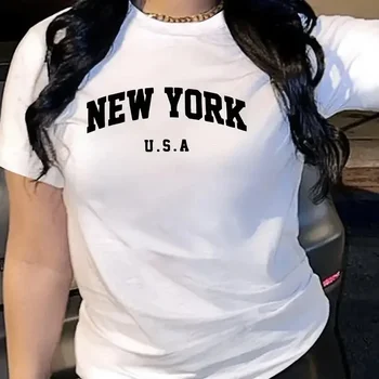 Funny New York Letter Fashion Print Casual Short Sleeve Women T-Shirt for Spring Summer Basics O-collar Women's Clothing 1