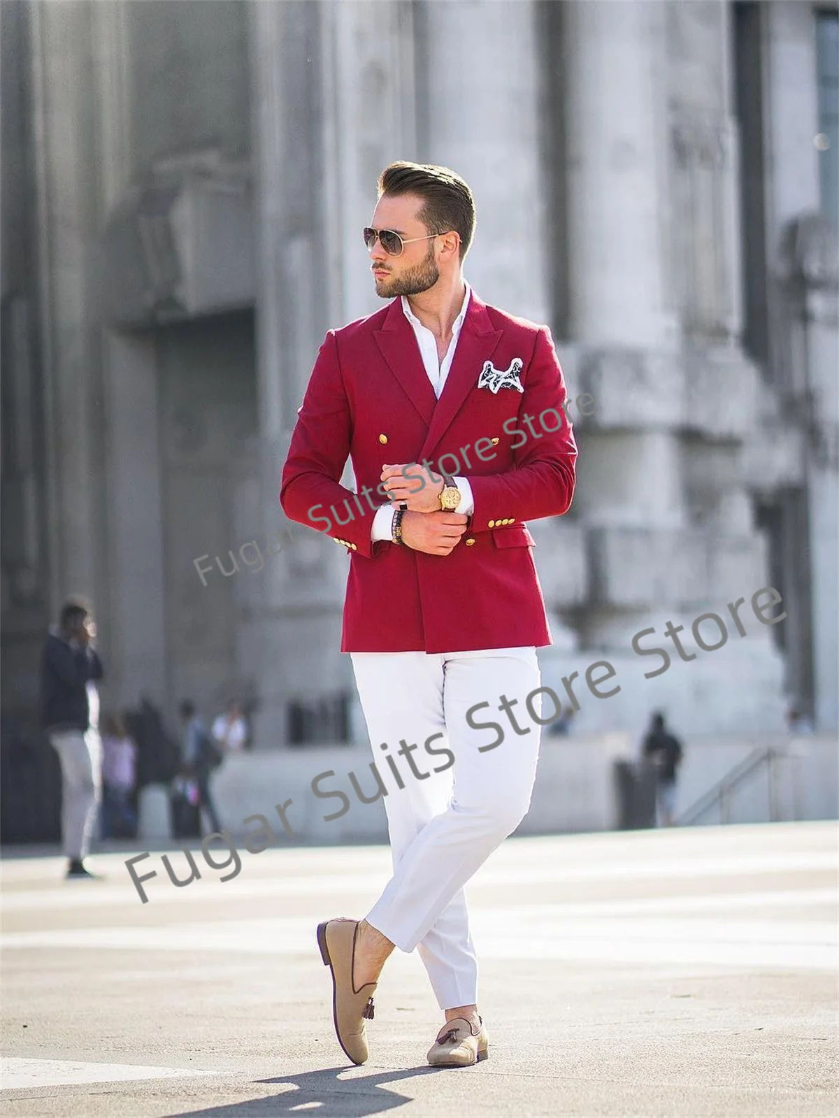 Fashion Red Men Suits Double Breasted Peak Lapel Groom Formal Tuxedos 2 Pieces Sets Casual Jacket And White Pants Costume Homme