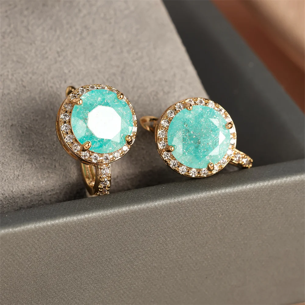 Green Ice Flower Zircon Round Stone Hoop Earrings For Women Vintage Gold Color Ear Buckle Wedding Jewelry Engagement Party Gifts