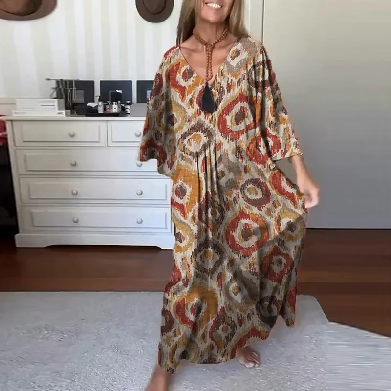 

Office Lady Casual V-neck Half Sleeve Pullover Dress 2023 Vintage Pattern Printed Pleated Long Dress Elegant Loose Boho Dresses
