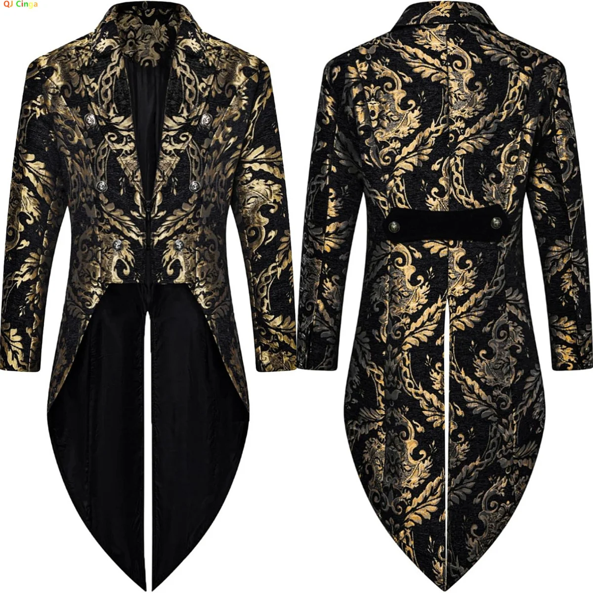 Gothic Steampunk Tailcoat Jacket for Fashion Wedding Party, Floral Jacquard Trench Coat with Stylish Long Silhouette