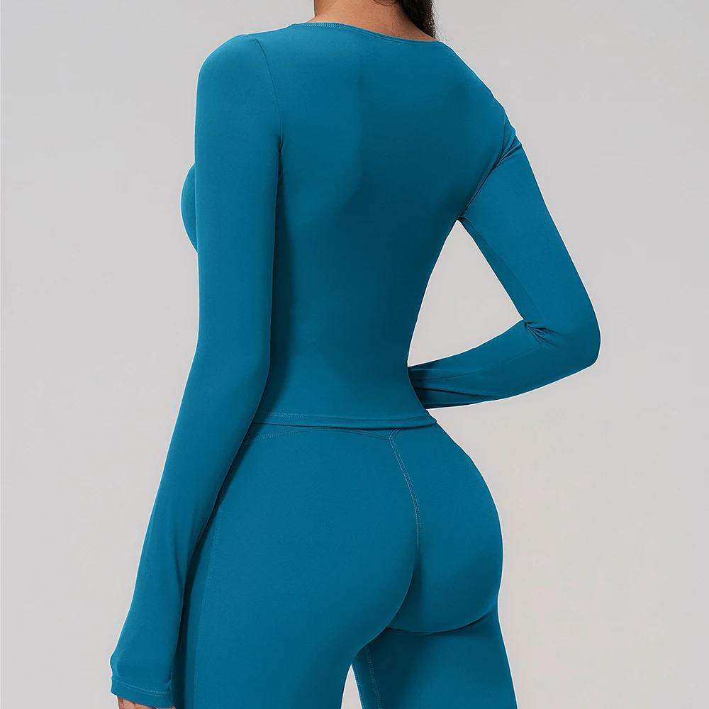 주렌 여성 요가 티셔츠 솔리드 스포츠탑 긴팔 짐 운동 러닝 셔츠 배꼽 노출 퀵 드라이 피트니스 짐 스포츠웨어