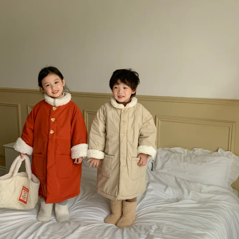 2022 Winter New Children&s Long Cotton Clothes Boys and Girls Lamb Wool Cotton Clothes Children&s Warm Cotton Jacket