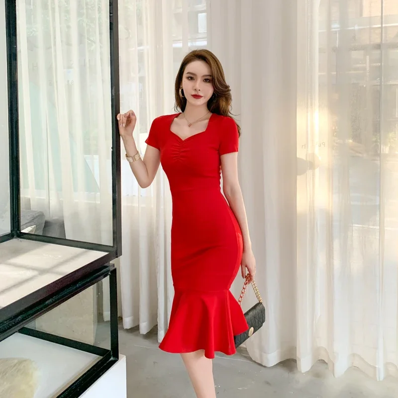 

2023 summer stylish high-end office sexy women's party dresses short sleeve v neck vintage bodycon bandage dresses mermaid dress