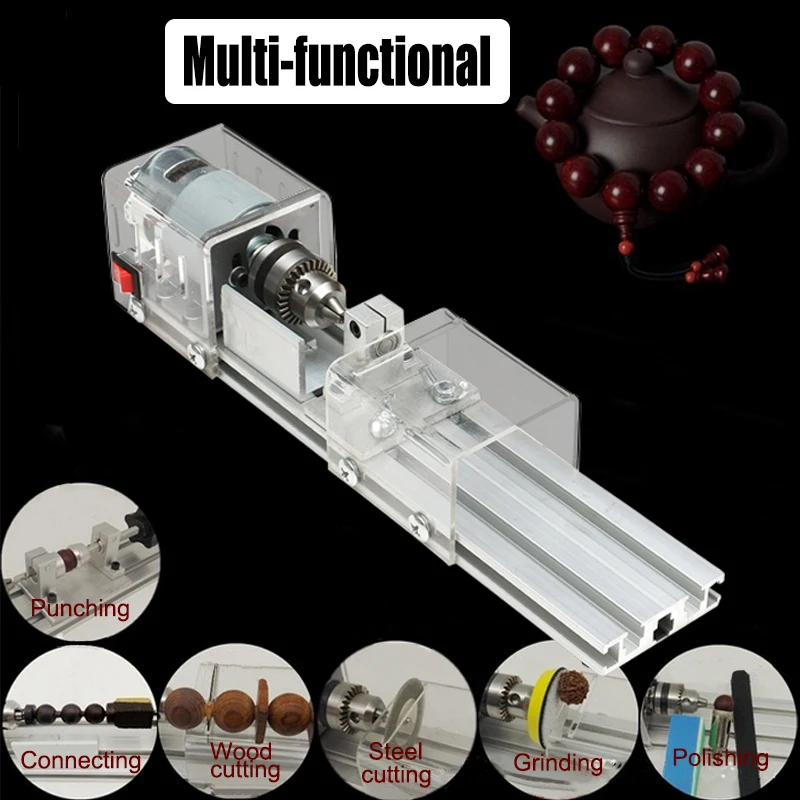 100W 12-24V cnc Mini Lathe Machine Tools Set Wood Lathe Drill Rotary Tool DIY Woodworking Buddha Pearl Grinding Polishing Beads