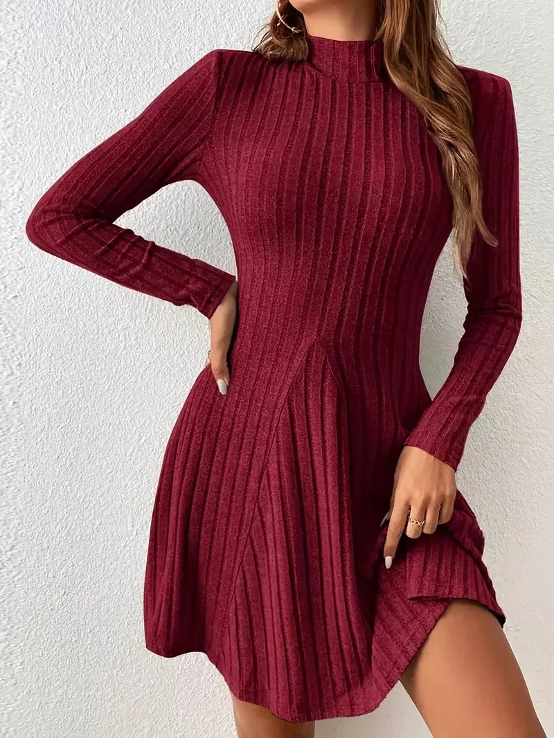 Damen Slim Fit Gestreiftes Kleid Langarm Hochkragen A-Linien-Rock Europäischer Stil Sommer 2026 Mode Grenzüberschreitende Kleidung – Detail 5