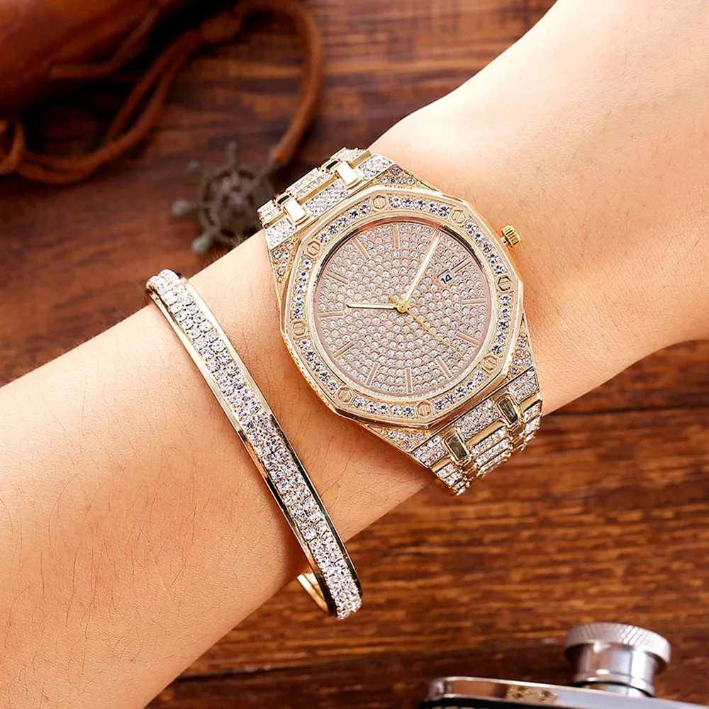 2PCS Iced Out Watch for Women Simple Charm Bracelet Fashion Luxury Sliver Gold Watch Diamond Jewelry Women Set Gifts Reloj Mujer
