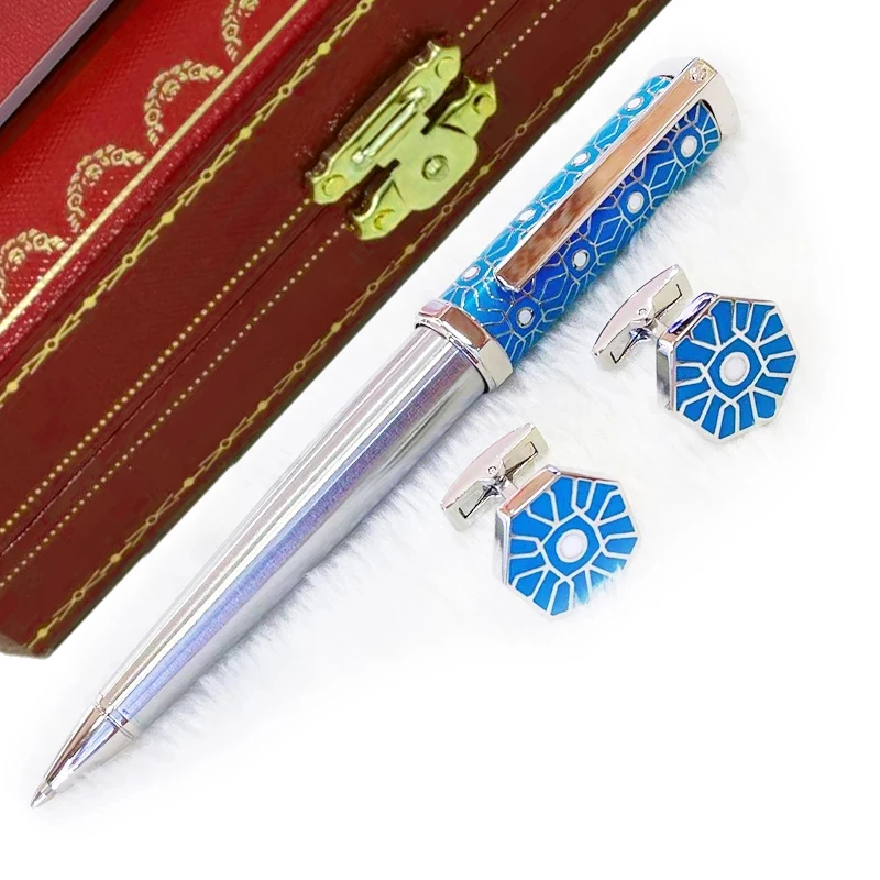 Santos-Dumont De Cter Heptagon Luxury Green Square-Line Pattern Ballpoint Pen Silver Trim With Serial Number Writing Smooth