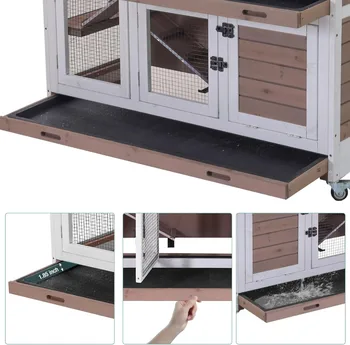 Rabbit Hutch Indoor Bunny House Guinea Pig Cage with Sliding Plastic Trays, Wheels & Ramp, Multi-Door Wooden Small Animal Cage 3
