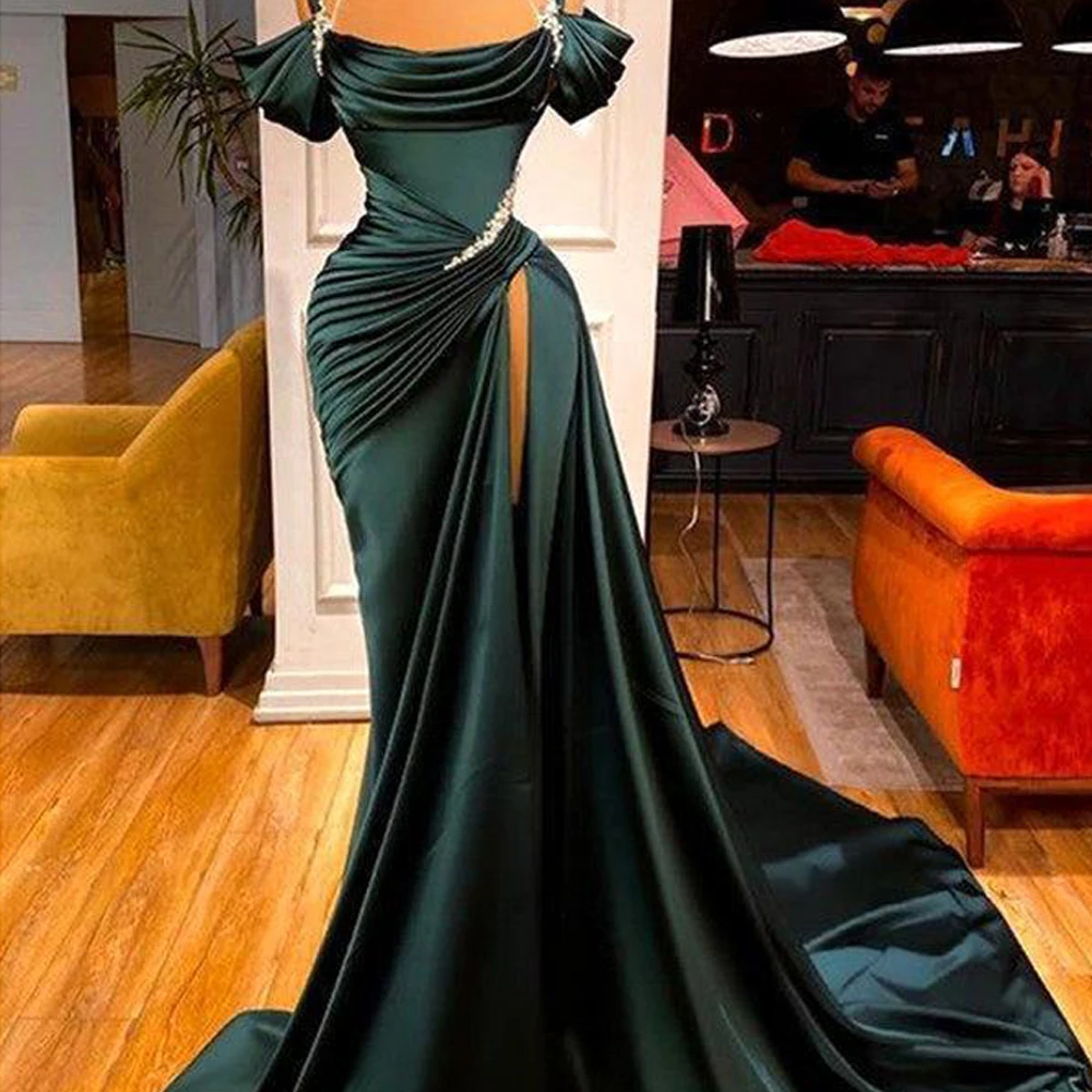 Vintage Dark Green Satin Evening Dresses Scoop High Split With Pleat  Crystal Off The Shoulder Strapless Mermaid Formal Occasion