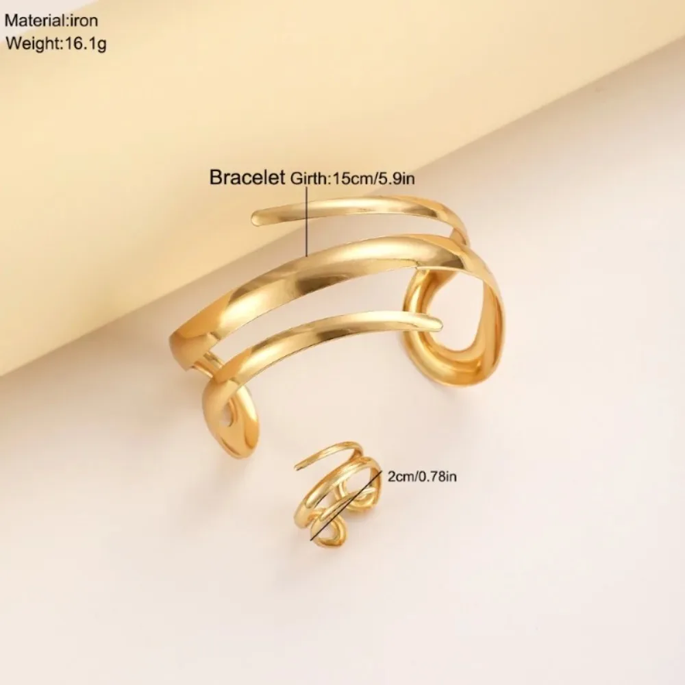 Europäisches und amerikanisches Schmuckset mit dickem Armband und Ring für Damen, goldfarben, geometrisches Muster, Armband-Ring-Kombination_voghion.com
