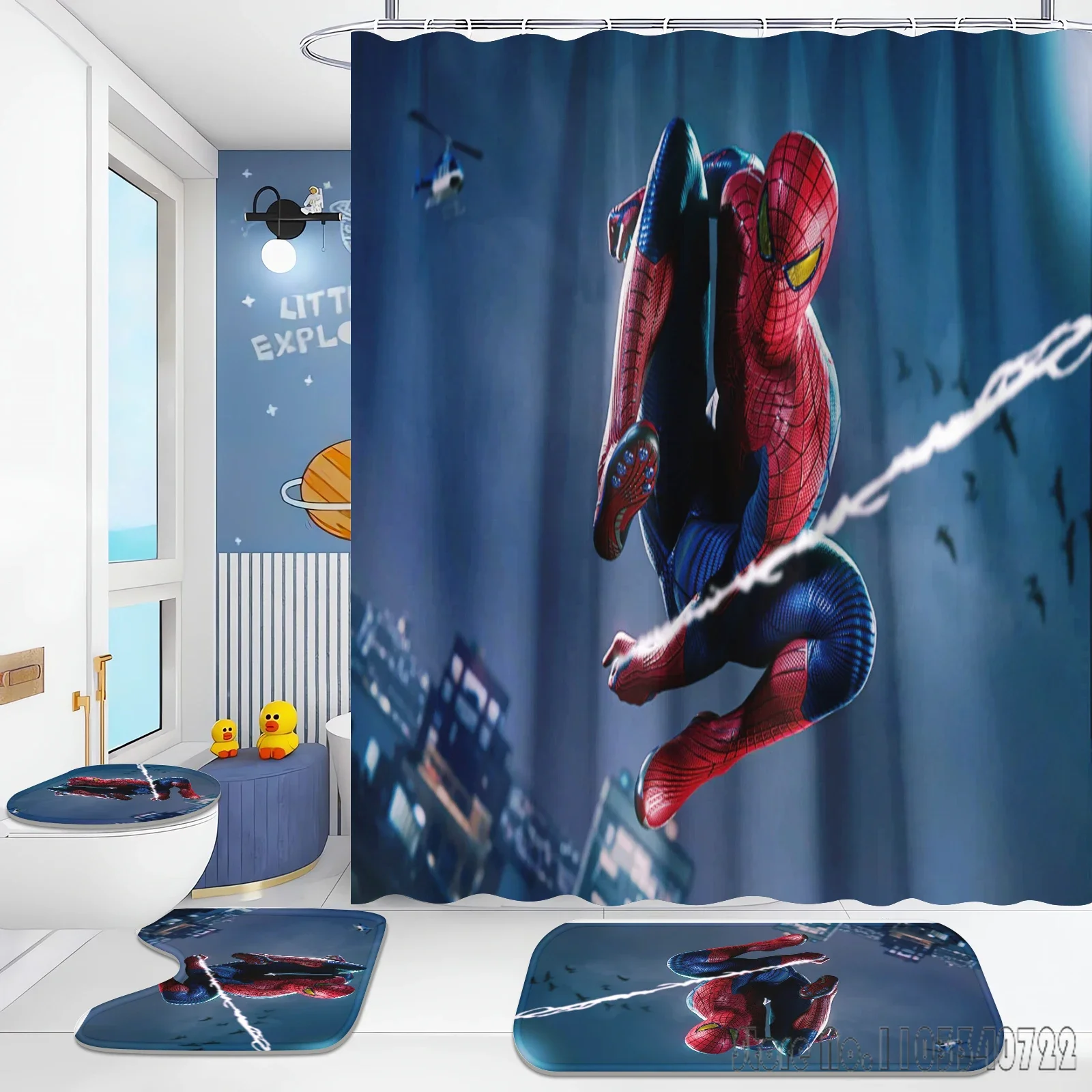 Boys Spider Man Anime Bath Shower Curtain Set 4pcs with Hooks Waterproof Bathroom Toilet Mat Lid Decor 4