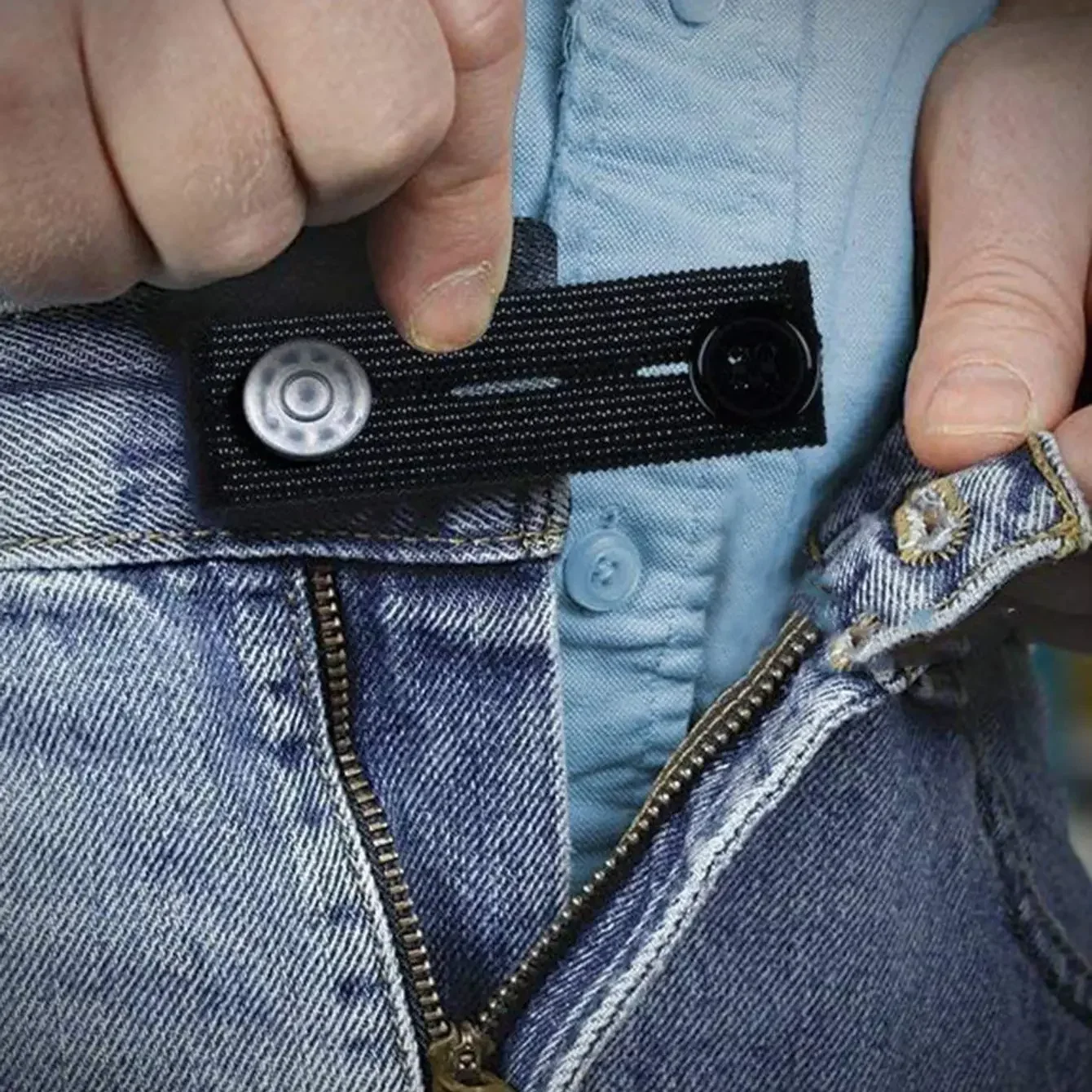 Elastic waist extender with button for jeans and long pants