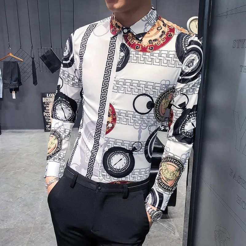 Men's Luxury Slim Fit Pattern Shirts Vintage Printed Social Dress Shirt Korean Style England Long Sleeve Lapel Collared |
